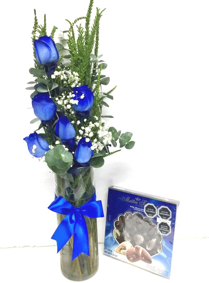 Florero en 6 Rosas Azules y Bombones de 250grs